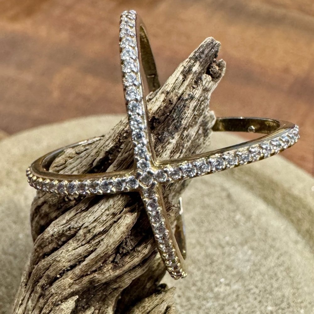 Unique Gold Bond on .925 Sterling Silver and CZ Criss-Cross Ring Size 7
